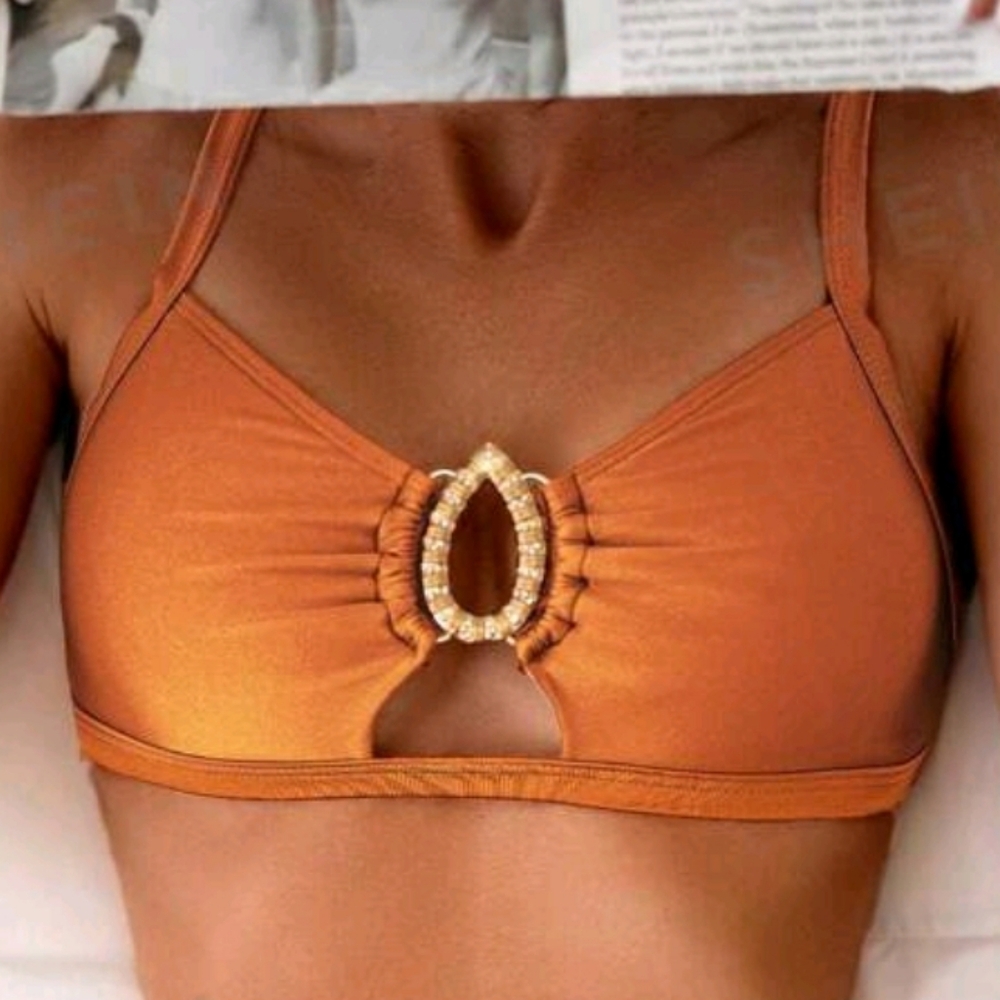 Metal & Rhinestone Decoration Bikini Top, L (8-10), Burnt Orange
